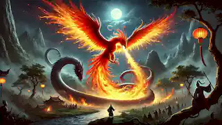 The Vermillion Bird battles the shadowy serpent Jiāoguài under a vibrant, moonlit sky.