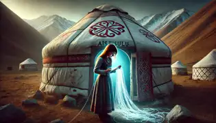 Aisulu stands at the entrance of a hidden yurt deep in the mountains, gripping the glowing thread with awe and uncertainty.