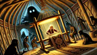 Aisulu hurriedly weaves an enchanted rug inside the yurt as shadowy figures with glowing eyes threaten from outside.