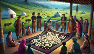 Aisulu returns to her village, presenting the glowing, enchanted rug to the villagers gathered around in awe.