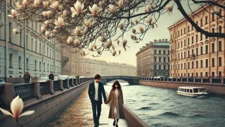Alexei and Elizaveta walking by the blooming Fontanka Canal in spring