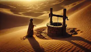 Amina stands before an ancient well, half-buried in the desert, glowing faintly with an eerie light.