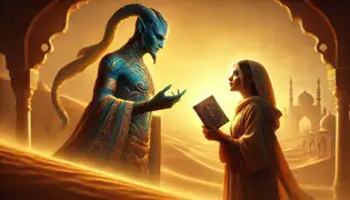 Amina stands before Malik, holding an ancient book, as he fades into mist, the desert bathed in the golden light of dawn.