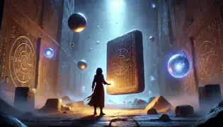 Amina reaches toward a floating stone tablet in a glowing cavern, surrounded by ancient symbols and floating orbs of light.