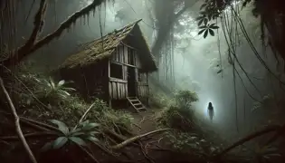 An abandoned hut deep in the Dominican jungle, covered in vines and moss, with a ghostly feminine figure barely visible in the mist.