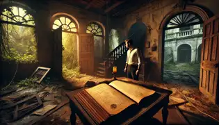 Gabriel Santos in an abandoned Ponce mansion, staring at an ancient recipe book revealing the secret of El Mofongo Dorado.