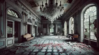 Un salón de baile abandonado con candelabros rotos y pétalos flotando en el aire.