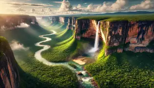 An aerial view of Canaima National Park with Angel Falls cascading from a tepui and the Silver River winding below.