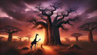 An ancient baobab tree at twilight, with Ndemi the giraffe bowing before it, seeking wisdom from the Spirit of the Baobab.