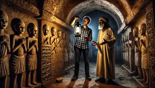 An ancient underground chamber in Fort Jesus, with Swahili inscriptions and a carved image of ghostly drummers.