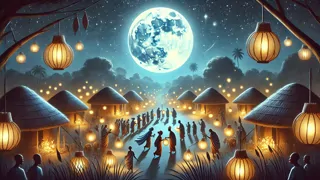 Lanternas iluminam sob a lua cheia durante um festival na aldeia na Nigéria