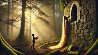 Rapunzel descending from a tower window using braided hair and ropes toward a waiting minstrel