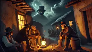 Diego Ayala and fellow miners sit outside a rustic tavern at night, listening to Don Vicente as eerie shadows stretch across the walls.