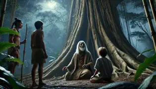 Xolotl, the elderly guardian, sits under the ceiba tree, his hand resting on the trunk as he speaks with Emilio and Diego.