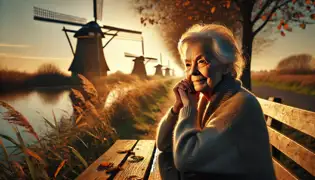 An elderly woman sits on a bench near the Kinderdijk windmills in golden afternoon light, gazing at the turning sails with nostalgia.