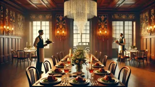Des invités dîner dans une salle au style des années 1920 dont les contours se transforment doucement en formes modernes.