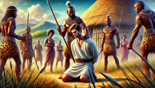 Chaminuka calmly surrounded by warriors near his homestead, with his wife Nehanda watching with sorrow.