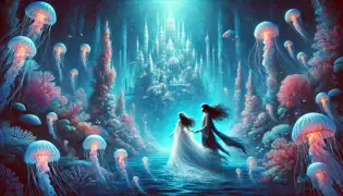 Sigrún and Alrek swim through a luminous underwater kingdom filled with glowing jellyfish, coral towers, and shimmering fish