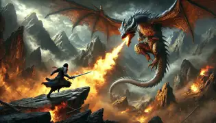 Manas battles the dragon in the Forbidden Peaks, dodging fire while striking with his glowing sword in a fierce struggle.