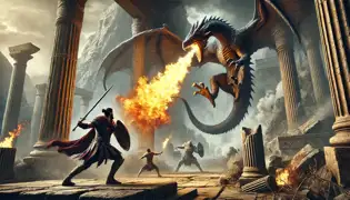 Daniel stands ready with the Spear of Nqoba as Sibusiso distracts the dragon amid crumbling ruins, fire filling the battlefield.