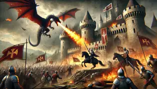 Valmar the dragon breathes fire onto advancing mercenaries as Lady Ivana leads her soldiers into battle outside Trsat Castle.