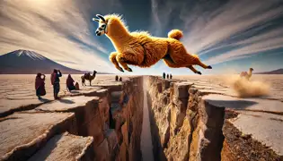 Inti, the golden llama, leaps mid-air over the Devil’s Crack, his body fully extended as villagers watch in awe at Salar de Uyuni.