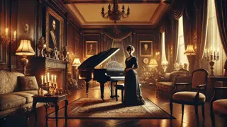 Irene Adler smiling confidently as she stands beside a grand piano in her Mayfair salon
