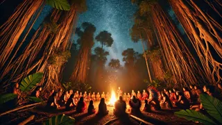 Ureinwohner versammelten sich um das Feuer und erzählten Geschichten über den Mapinguari unter dem sternenübersäten Amazonas-Himmel.