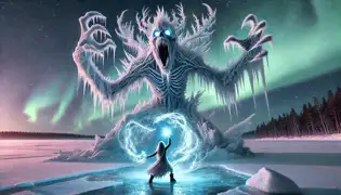 A magical battle unfolds on a frozen lake as a young girl faces a towering Ice Wraith, controlling the swirling snow with her dance.