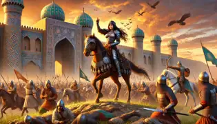 Princess Gulnor leads her troops into battle outside Samarkand’s walls at sunset, signaling an ambush.