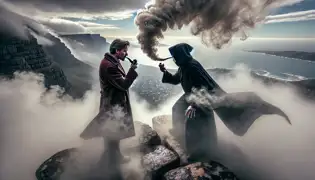 Jan Van Hunks and a cloaked figure engaged in a smoking contest on Devil’s Peak, surrounded by thick swirling smoke.