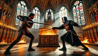 Sir Matěj battles a masked traitor inside Karlštejn Castle’s chapel, sparks flying as their swords clash near the Crown Jewels.