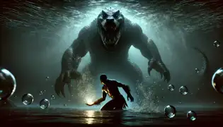 Underwater, Kibamba reaches for the glowing heart of the Crocodile King while the beast looms above, jaws slightly open.