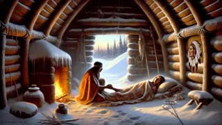 Hiawatha ao lado de Minnehaha em uma cabana nevada enquanto ela enfrenta a doença.