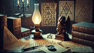 A scholar’s study illuminated by candlelight, strewn with cursed relics and forbidden manuscripts.