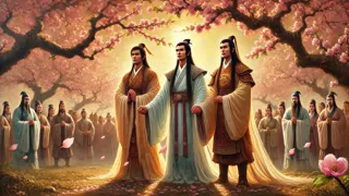 Liu Bei, Guan Yu y Zhang Fei tomando el juramento de hermandad en el jardín de duraznos.