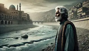 An older Arash stands by the Kabul River, reflecting on his past. The city has changed, but the river remains, carrying his memories.