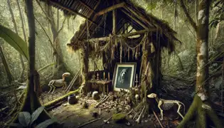 An overgrown jungle hut with an altar of bones, candles, and a black dog’s faded photo.