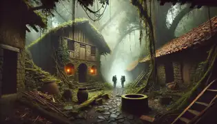 An abandoned village covered in vines, its houses eerily intact, with mist drifting through the ruins and doors left ajar.