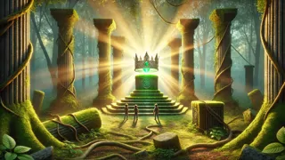 Moss-covered forest ruins with a glowing crown on a stone pedestal