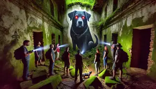 A Jesuit mission ruin with a mural of a black dog and Rosa's group standing in awe with flashlights in the chamber.