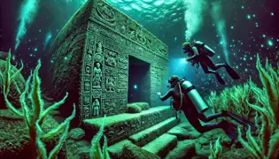 Underwater scene showing an ancient temple beneath Lake Titicaca, glowing with bioluminescent algae.