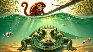 Underwater view of a crocodile plotting with glinting eyes as the monkey watches from above