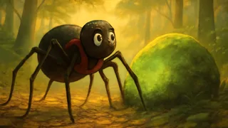 Anansi, la araña, junto a la roca cubierta de musgo brillante bajo la luz moteada del bosque