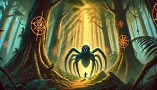 Anansi, standing at the edge of the Sacred Grove, looks toward the glowing entrance, surrounded by towering trees and golden light.