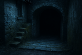 Des marches en pierre descendant dans une cave sombre et humide située sous le manoir.