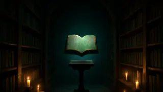 Un grimoire relié en cuir ouverte, ses pages vibrantes de caractères mouvants et d'illusions suspendues dans la marge