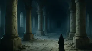 Dimly lit hall of the Nameless City with fractured columns and unknown symbols on the walls