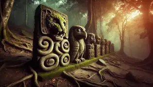 Moss-covered stone carvings of jaguars, serpents, and owls stand in the jungle, illuminated by the eerie light of the setting sun.