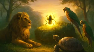 Un grupo de animales del bosque rodea a Anansi, atrapado junto a la roca cubierta de musgo.